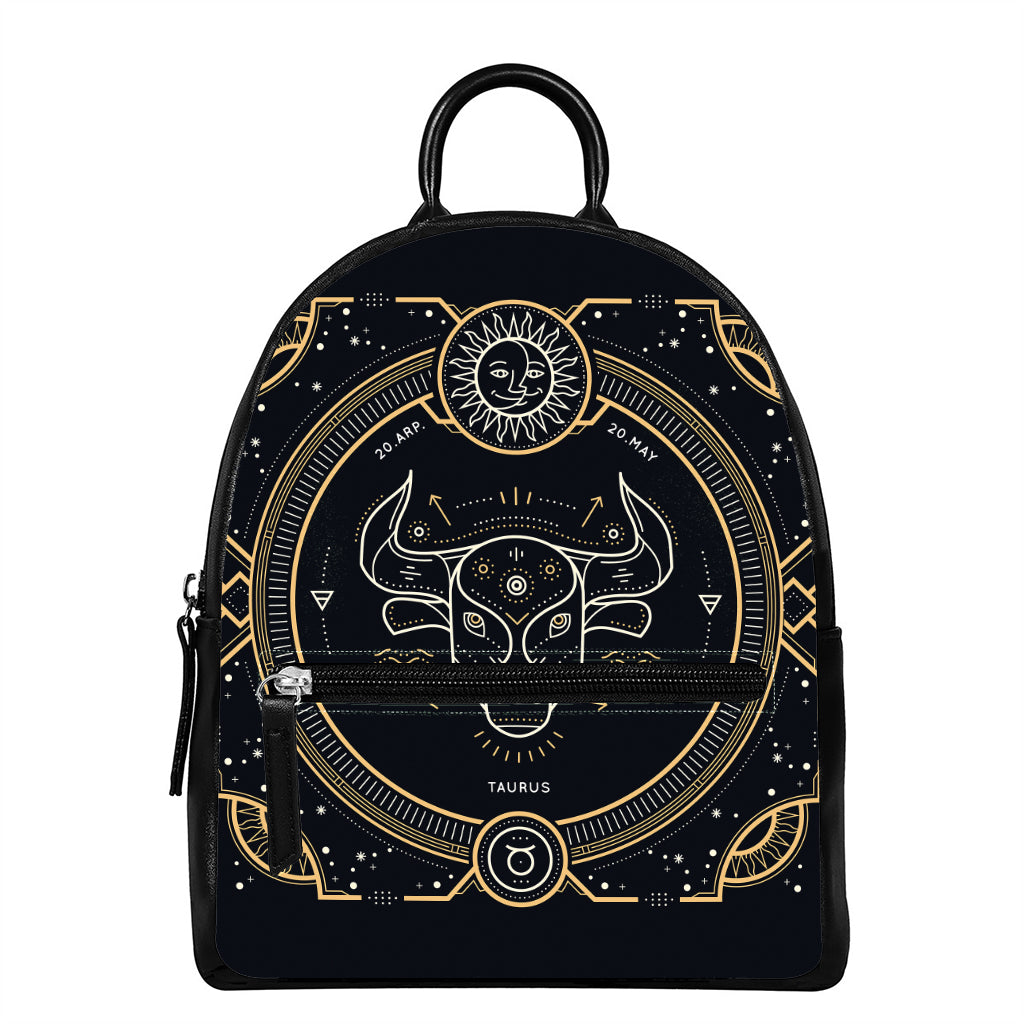 Vintage Taurus Zodiac Sign Print Leather Backpack