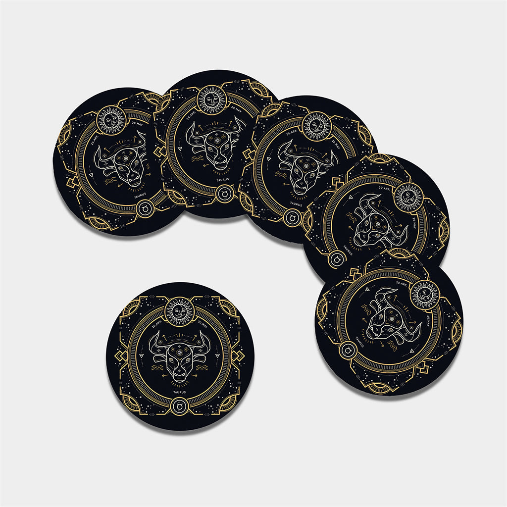 Vintage Taurus Zodiac Sign Print Leather Coaster Set