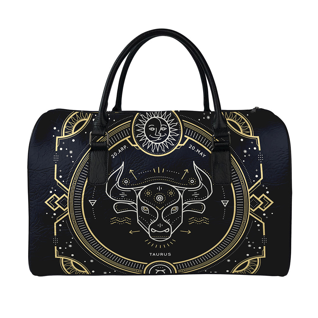 Vintage Taurus Zodiac Sign Print Leather Duffle Bag