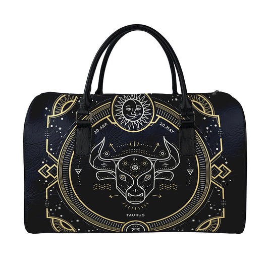 Vintage Taurus Zodiac Sign Print Leather Duffle Bag