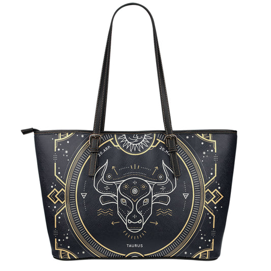 Vintage Taurus Zodiac Sign Print Leather Tote Bag