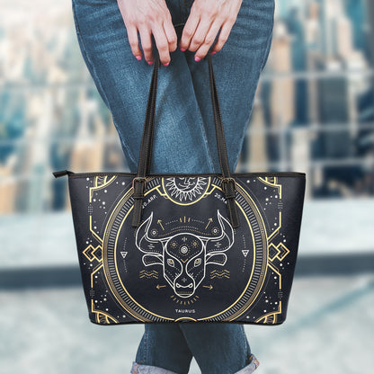 Vintage Taurus Zodiac Sign Print Leather Tote Bag