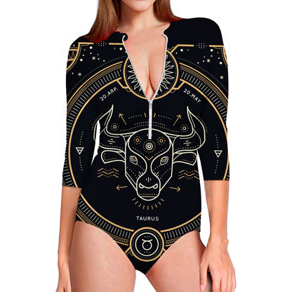 Vintage Taurus Zodiac Sign Print Long Sleeve Swimsuit