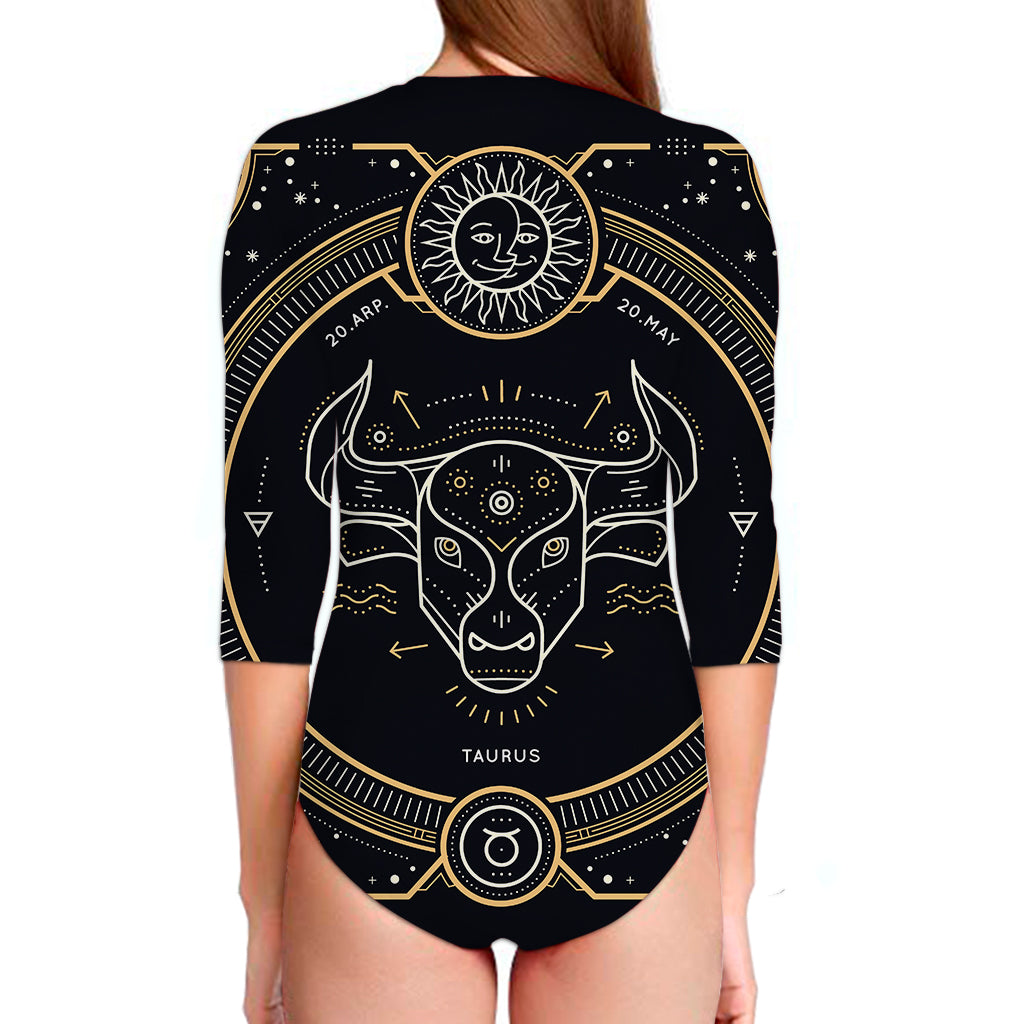 Vintage Taurus Zodiac Sign Print Long Sleeve Swimsuit