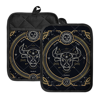 Vintage Taurus Zodiac Sign Print Pot Holders With Pocket