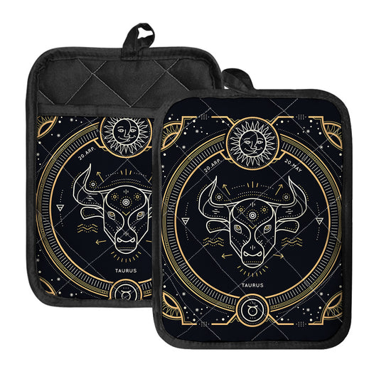 Vintage Taurus Zodiac Sign Print Pot Holders With Pocket