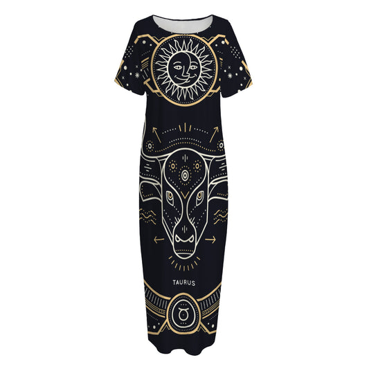 Vintage Taurus Zodiac Sign Print Short Sleeve Long Nightdress