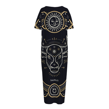 Vintage Taurus Zodiac Sign Print Short Sleeve Long Nightdress