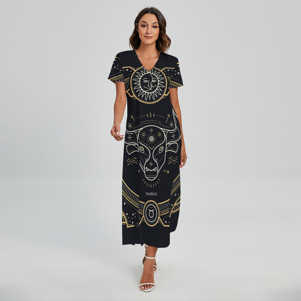 Vintage Taurus Zodiac Sign Print Short Sleeve Maxi Dress