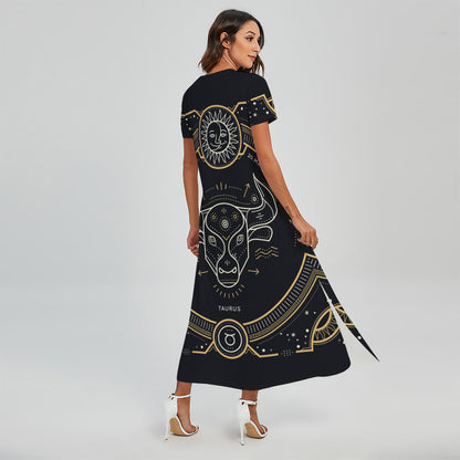Vintage Taurus Zodiac Sign Print Short Sleeve Maxi Dress