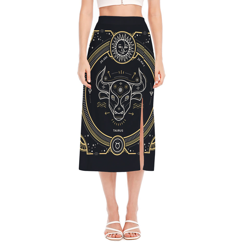 Vintage Taurus Zodiac Sign Print Side Slit Midi Skirt