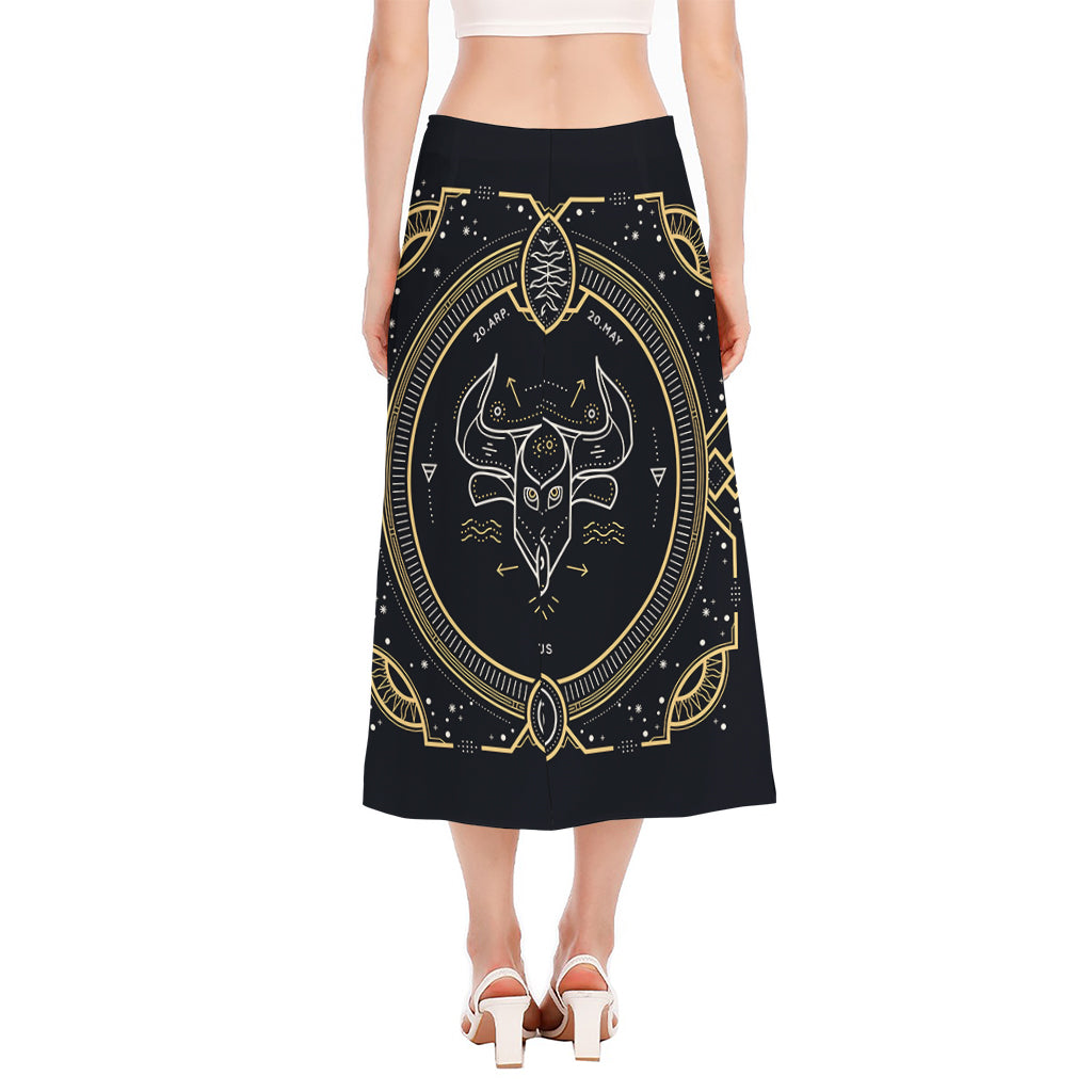 Vintage Taurus Zodiac Sign Print Side Slit Midi Skirt