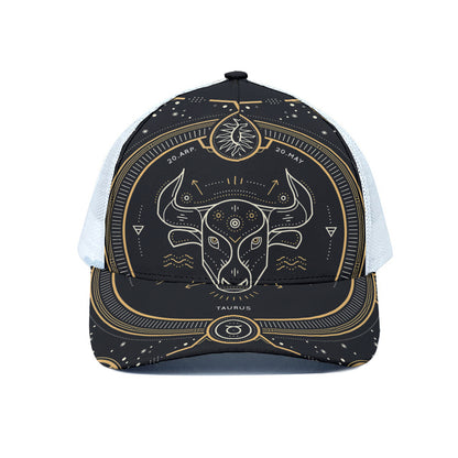 Vintage Taurus Zodiac Sign Print White Mesh Trucker Cap