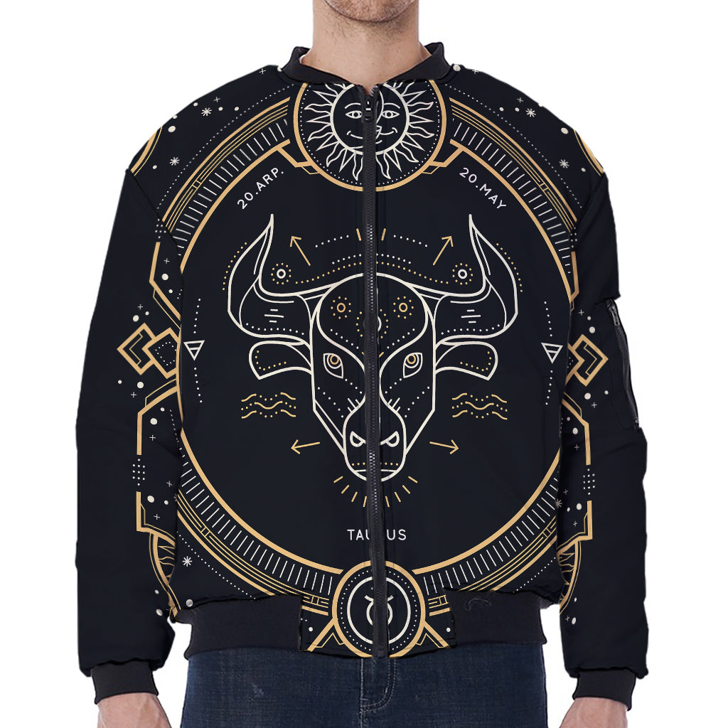 Vintage Taurus Zodiac Sign Print Zip Sleeve Bomber Jacket