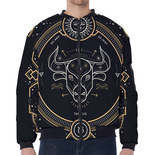 Vintage Taurus Zodiac Sign Print Zip Sleeve Bomber Jacket