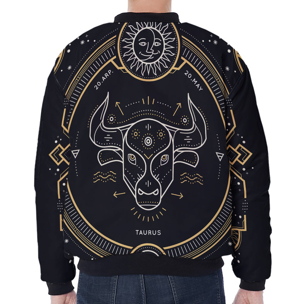 Vintage Taurus Zodiac Sign Print Zip Sleeve Bomber Jacket
