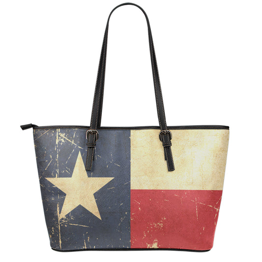 Vintage Texas Flag Print Leather Tote Bag