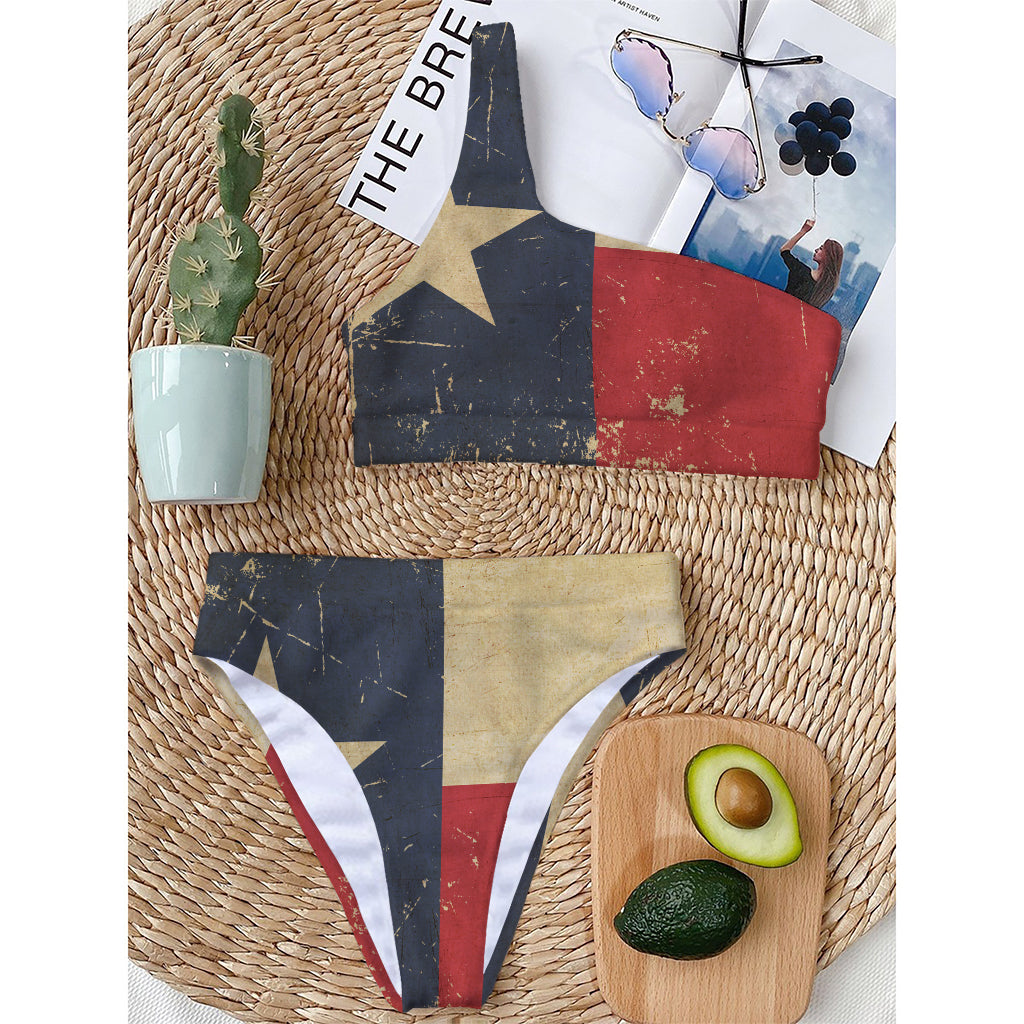 Vintage Texas Flag Print One Shoulder Bikini Top