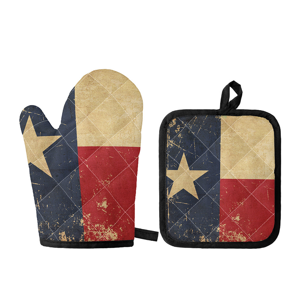Vintage Texas Flag Print Oven Mitt And Pot Holder Set
