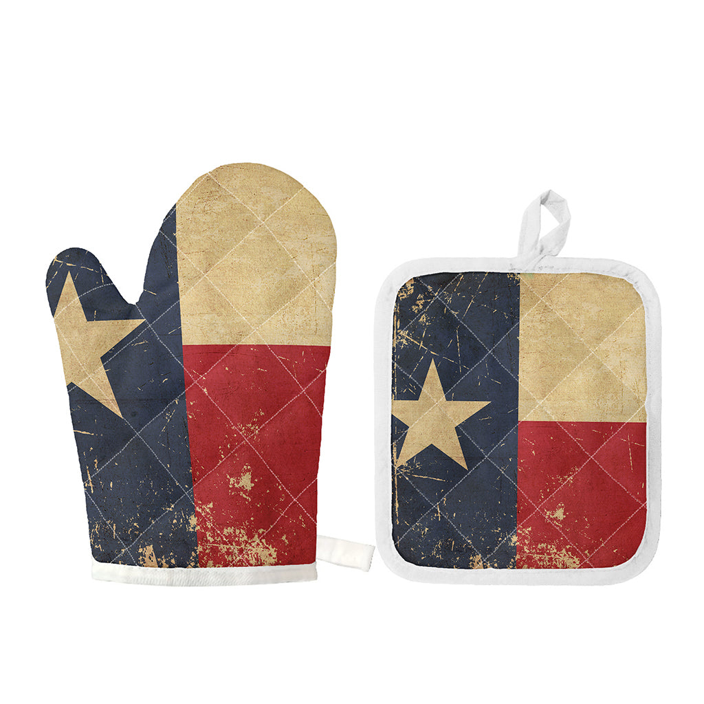 Vintage Texas Flag Print Oven Mitt And Pot Holder Set