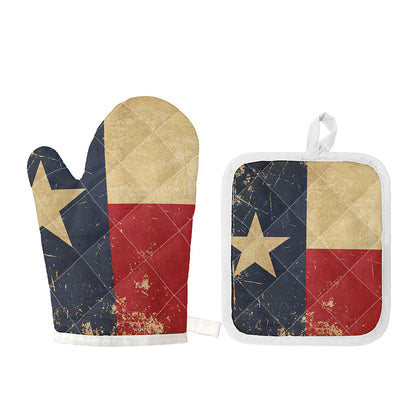 Vintage Texas Flag Print Oven Mitt And Pot Holder Set