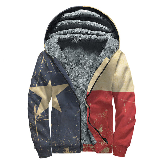 Vintage Texas Flag Print Sherpa Lined Zip Up Hoodie