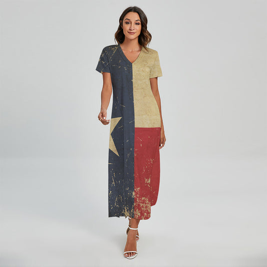 Vintage Texas Flag Print Short Sleeve Maxi Dress