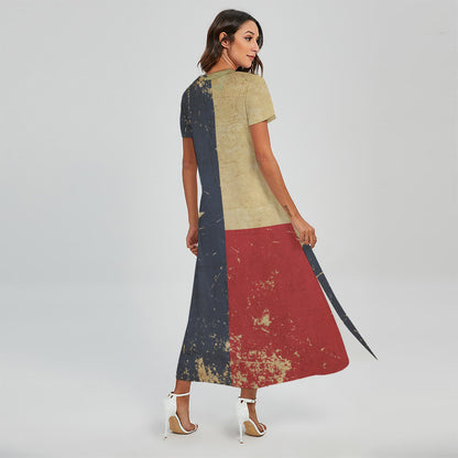 Vintage Texas Flag Print Short Sleeve Maxi Dress
