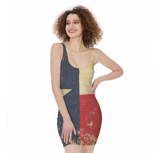 Vintage Texas Flag Print Sleeveless Bodycon Dress