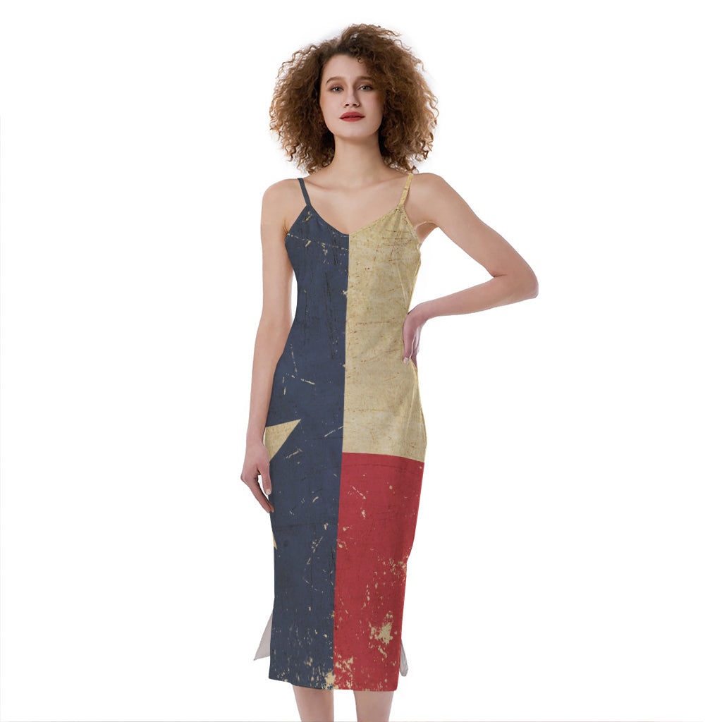 Vintage Texas Flag Print Slim Fit Midi Cami Dress