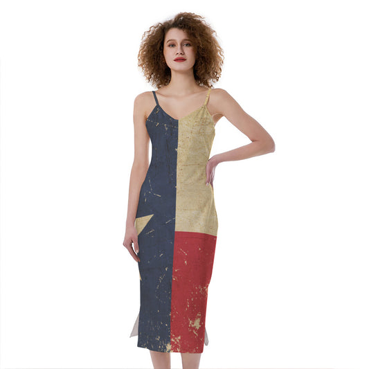 Vintage Texas Flag Print Slim Fit Midi Cami Dress