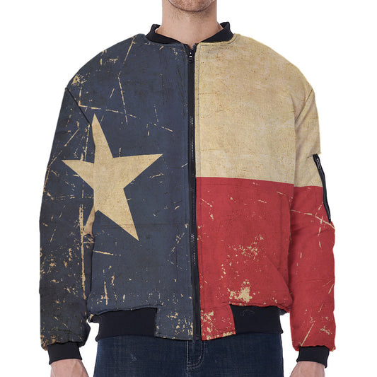 Vintage Texas Flag Print Zip Sleeve Bomber Jacket
