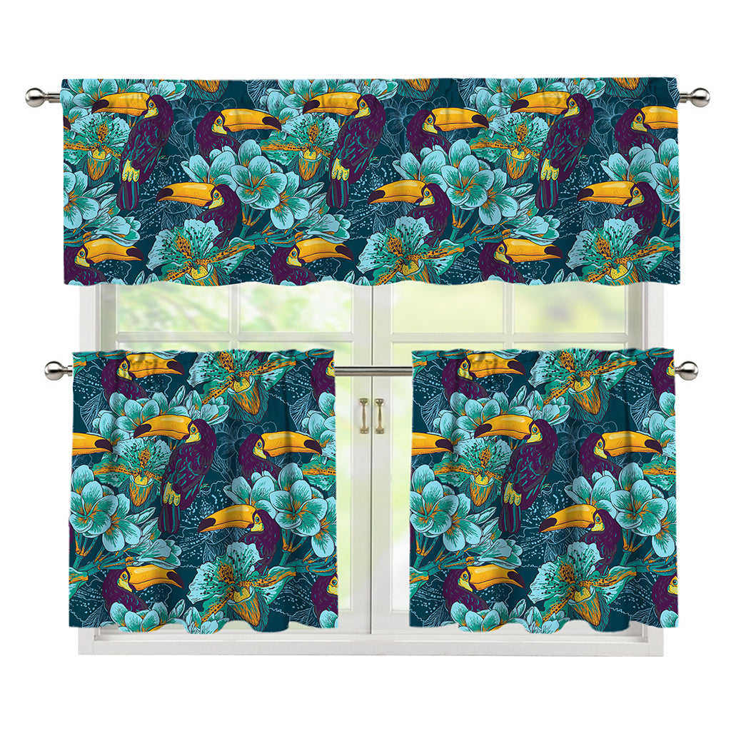 Vintage Toucan Pattern Print 3 Piece Kitchen Curtains