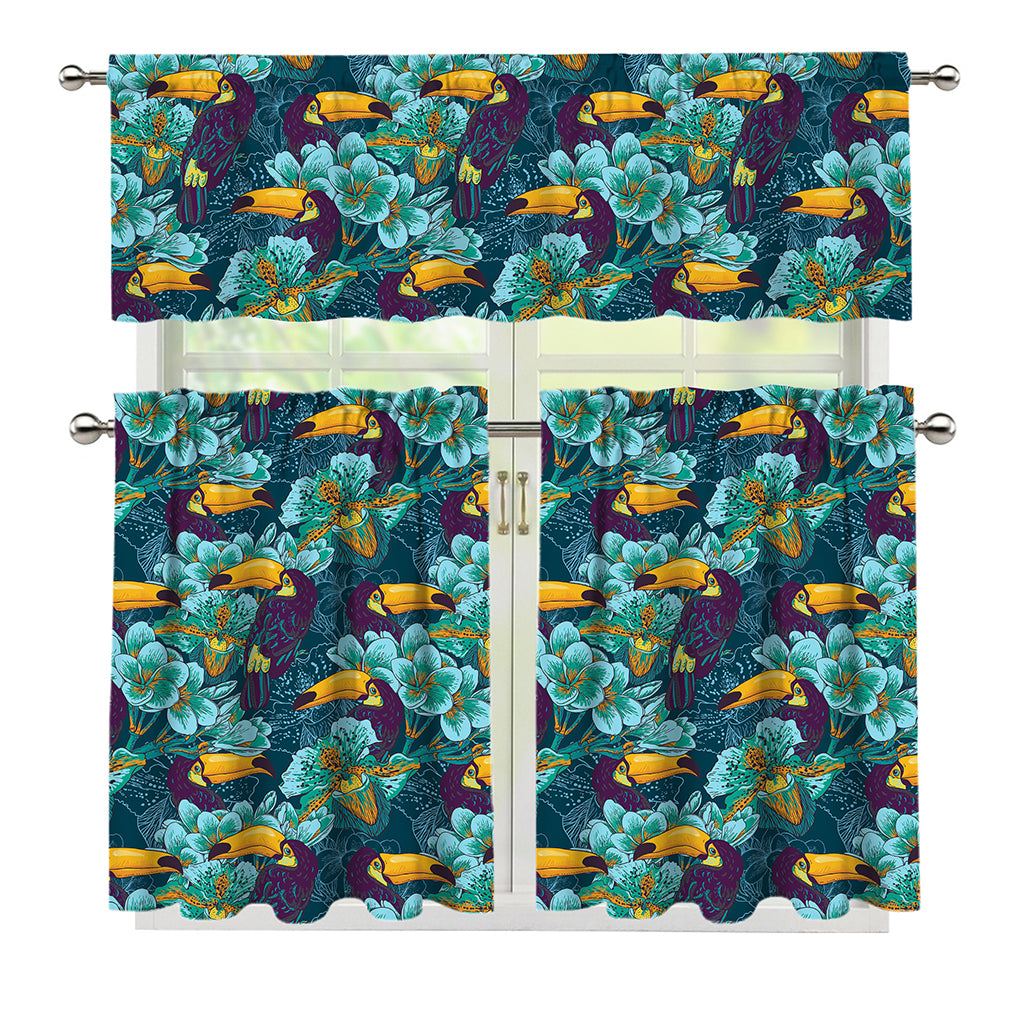 Vintage Toucan Pattern Print 3 Piece Kitchen Curtains