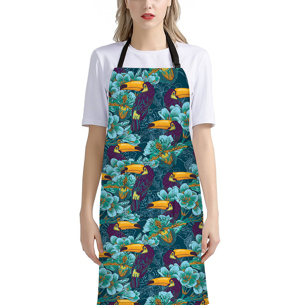 Vintage Toucan Pattern Print Bib Apron With Pocket