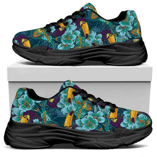 Vintage Toucan Pattern Print Black Chunky Shoes
