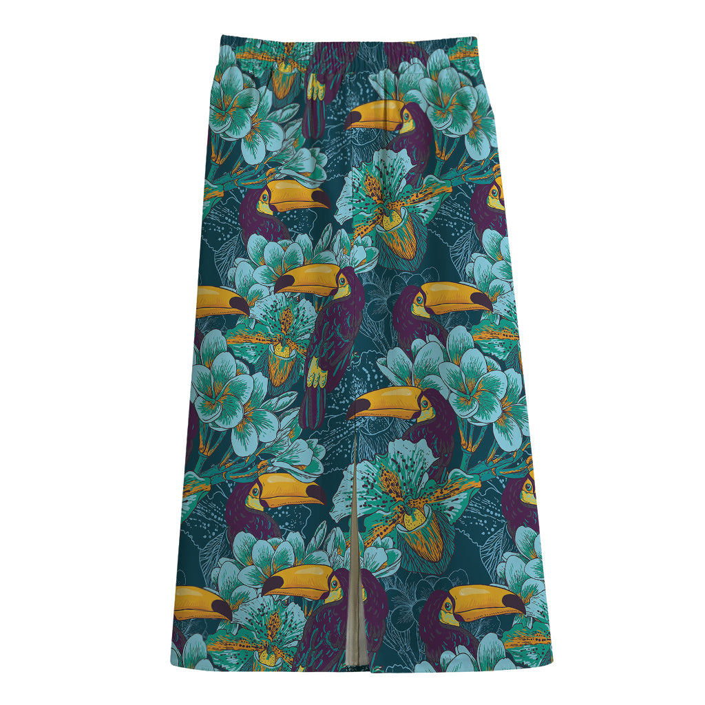 Vintage Toucan Pattern Print Cotton Front Slit Maxi Skirt