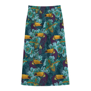 Vintage Toucan Pattern Print Cotton Front Slit Maxi Skirt