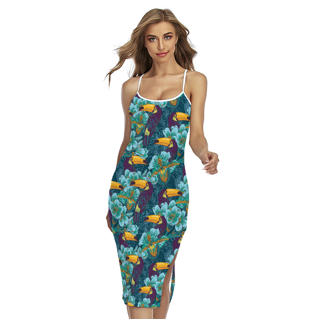 Vintage Toucan Pattern Print Cross Back Cami Dress