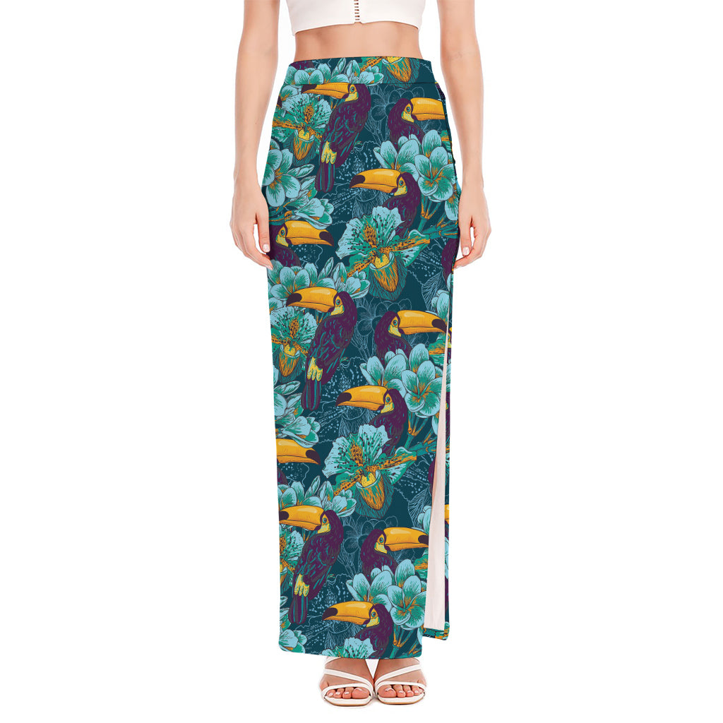 Vintage Toucan Pattern Print High Slit Maxi Skirt