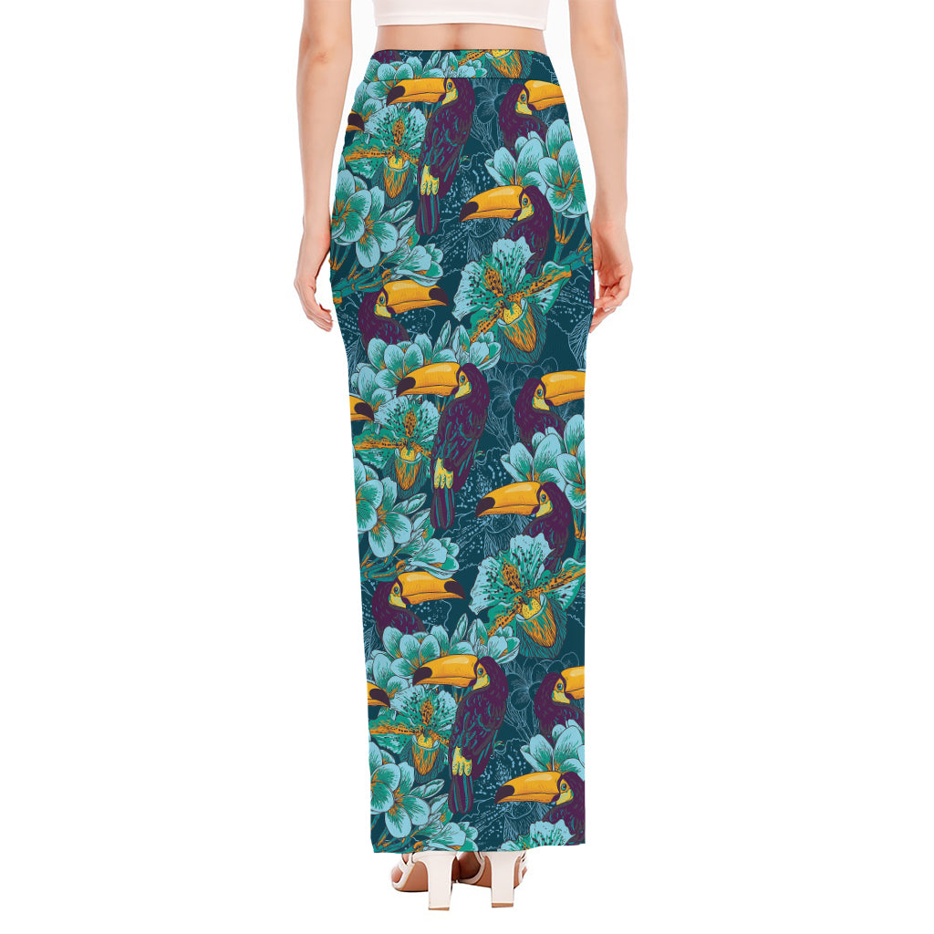 Vintage Toucan Pattern Print High Slit Maxi Skirt