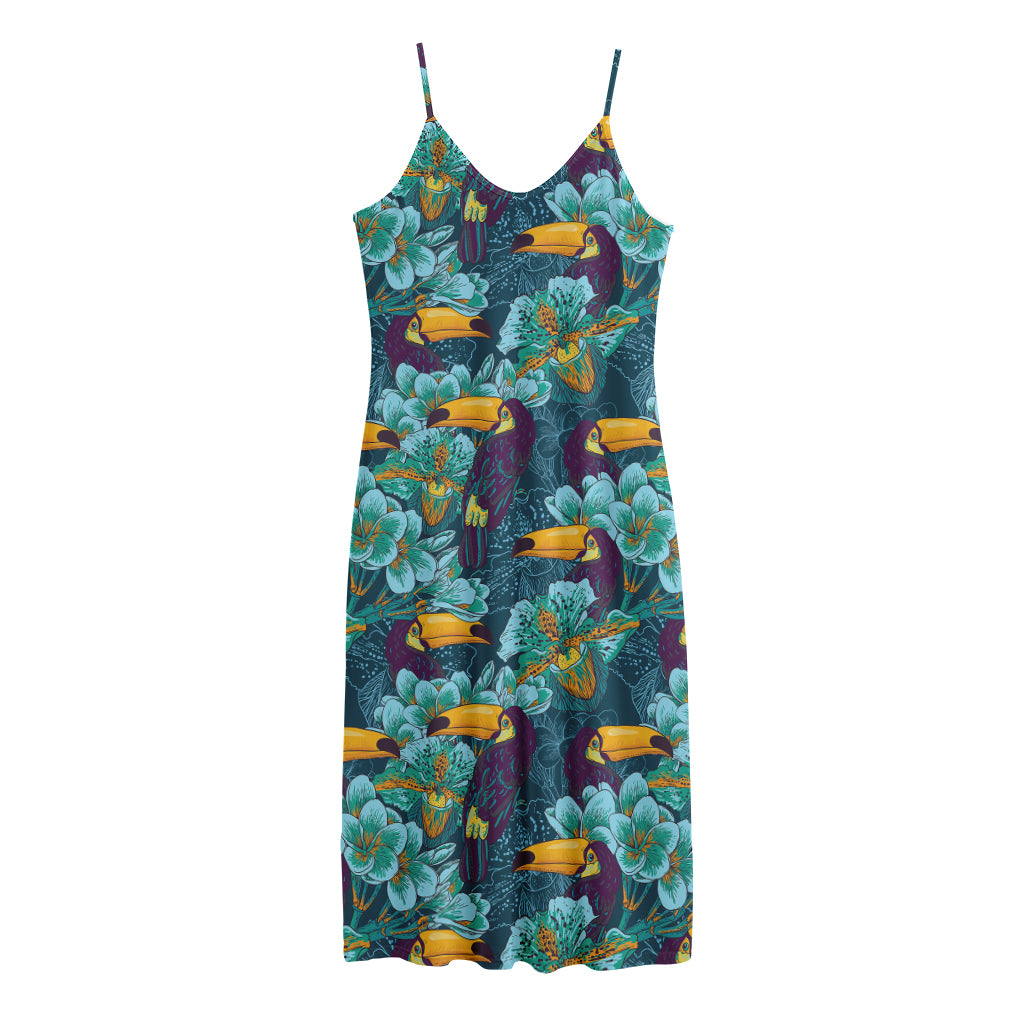 Vintage Toucan Pattern Print Jersey Midi Cami Dress