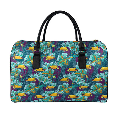 Vintage Toucan Pattern Print Leather Duffle Bag