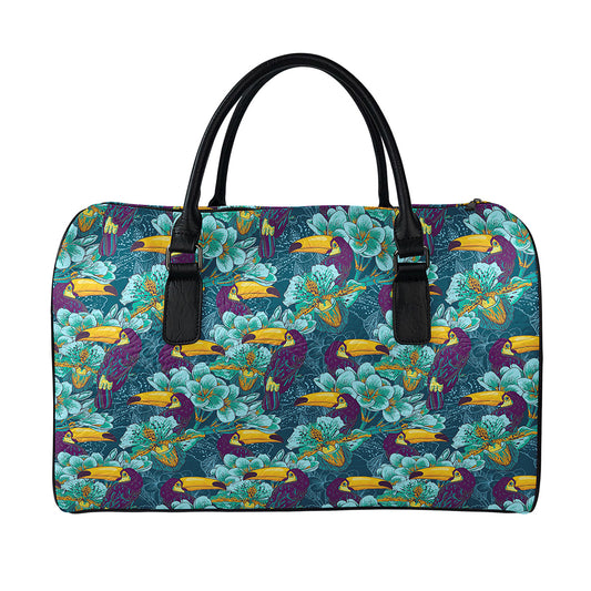 Vintage Toucan Pattern Print Leather Duffle Bag