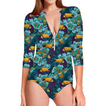 Vintage Toucan Pattern Print Long Sleeve Swimsuit