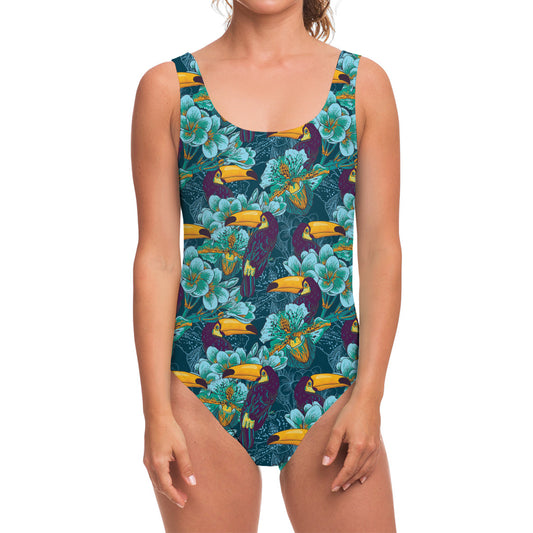 Vintage Toucan Pattern Print One Piece Swimsuit