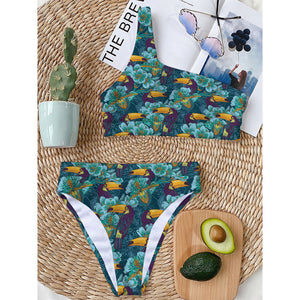 Vintage Toucan Pattern Print One Shoulder Bikini Top