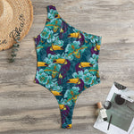 Vintage Toucan Pattern Print One Shoulder Bodysuit