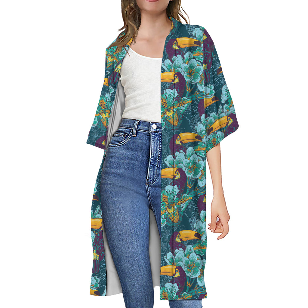 Vintage Toucan Pattern Print Open Front Beach Cover Up