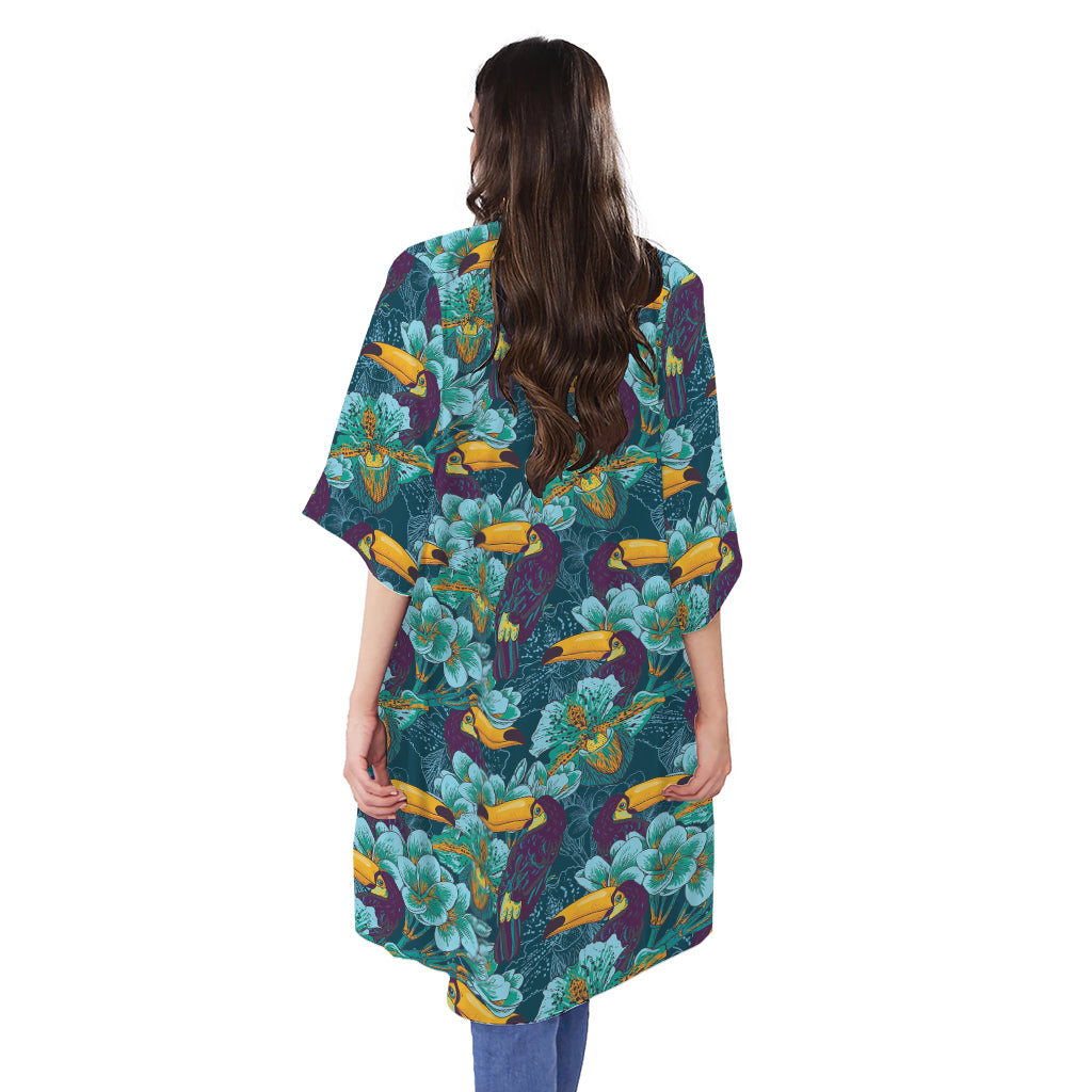 Vintage Toucan Pattern Print Open Front Beach Cover Up